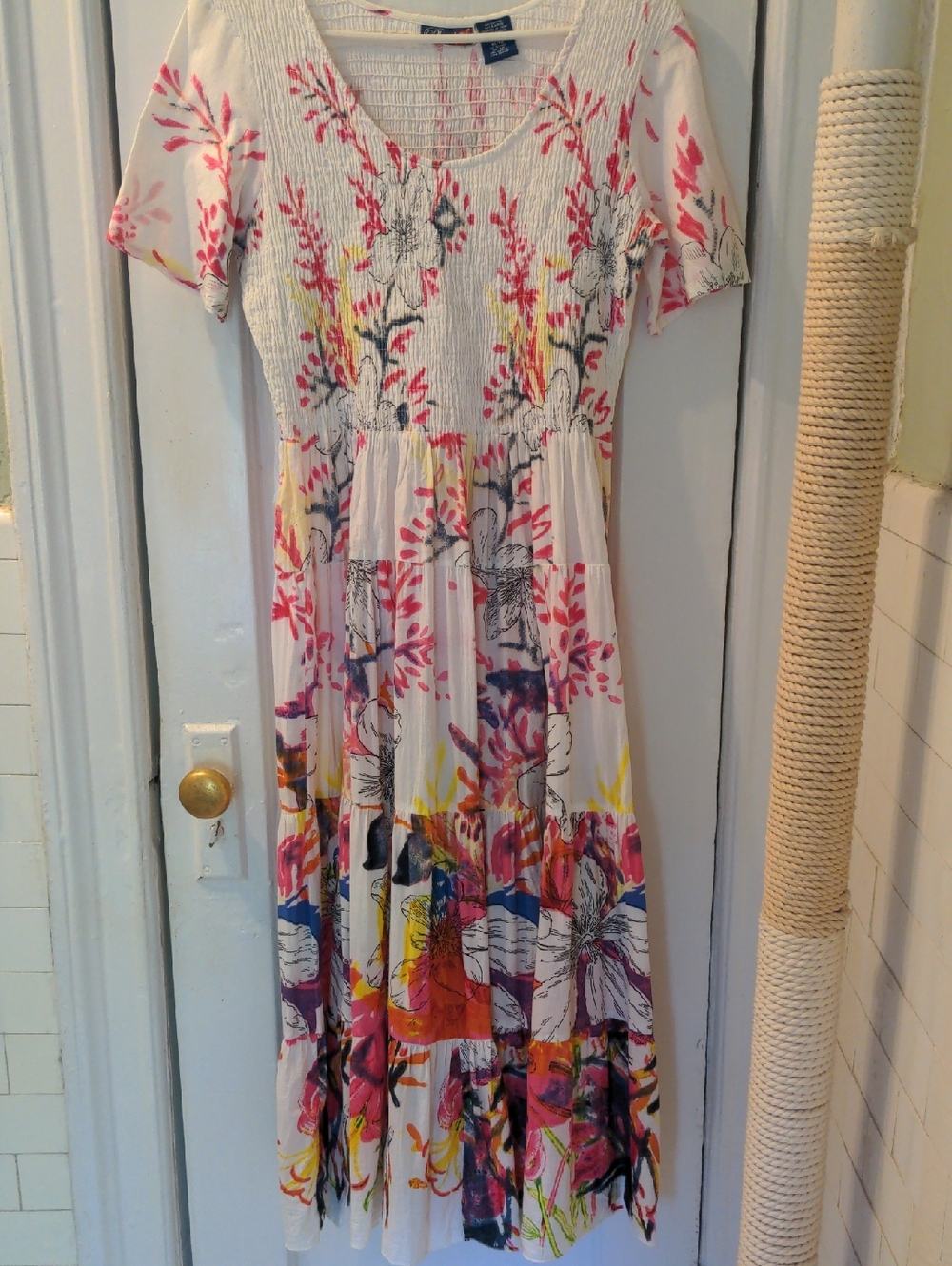 New. Nap Floral White Multicolor Smocked Maxi Dress, Size M, 100% Cotton, Tiered